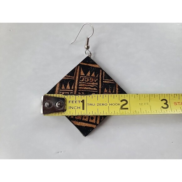 Handpainted Bohemian Wooden Square Shaped Dangling Earrings Vintage NOS - Picture 10 of 10